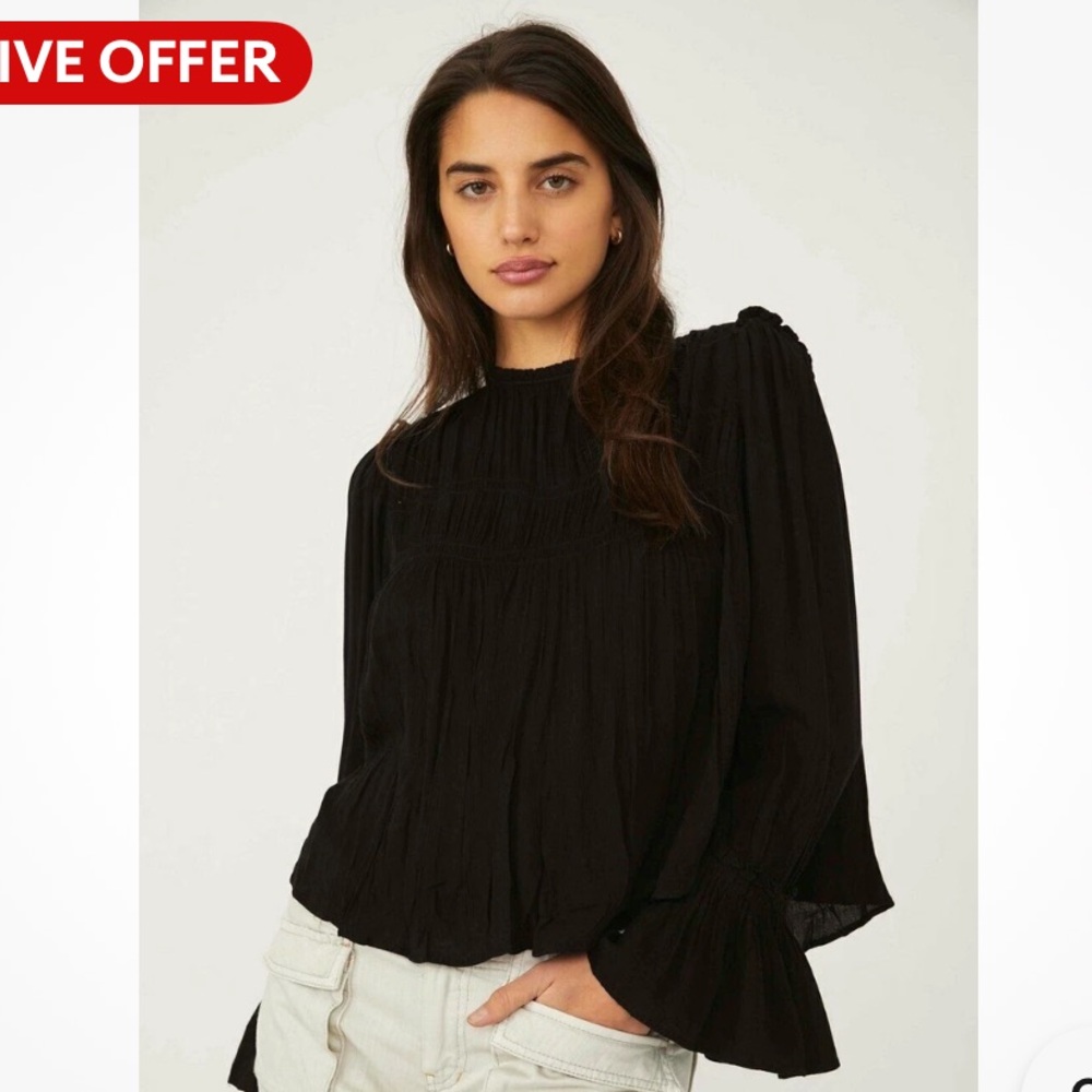 NWT Free People Black Kelsey Blouse Bell Sleeve Pleated Summer Endless Womens S